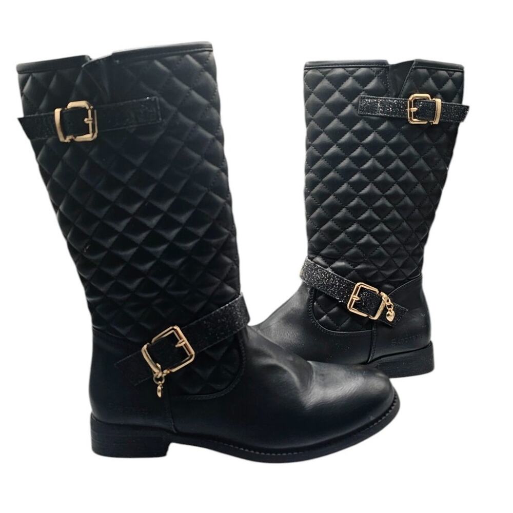 Girls Black Quilted Mid Calf Boots Buckle Detail Skechers Size 2 Classic Chic
